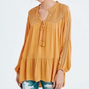 American Eagle AEO Crochet Lace Tunic Top Yellow Women's Medium M Boho Bohemian